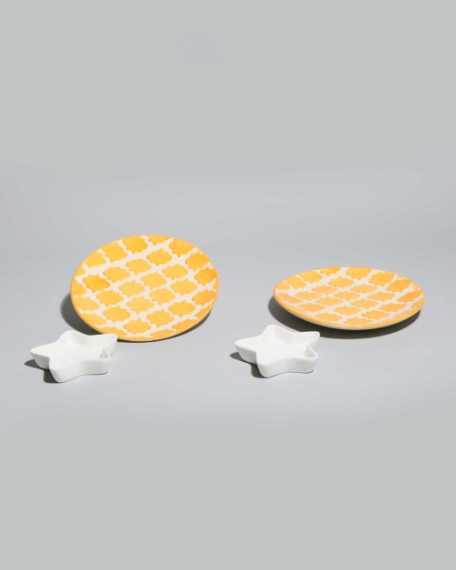 Arcot Yellow Ceramic Snack Plates Set SET OF 2 WITH 2 STAR DIP DISH
